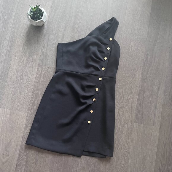 SANDRO Black “Melinda” One Shoulder Mini Dress with Gold Buttons - Picture 7 of 15
